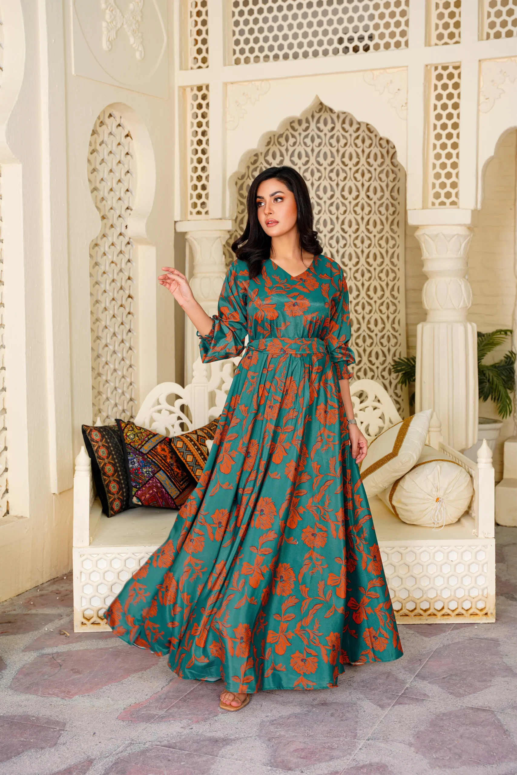 Sage: Teal Green Maxi With A Touch Of Rust Floral - 369